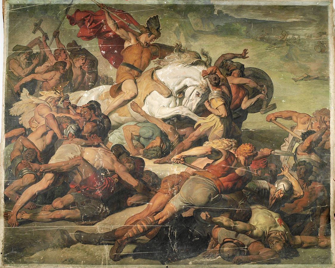 Arminius, Chieftan of the Cherusci, hands the Roman army their largest defeat at the Battle of Teutoborg Forest, 9 CE, by Peter Janssen (1844–1908), painted 1870-73, Kunstmuseen Krefeld.