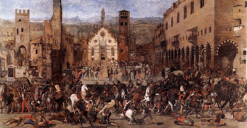 Expulsion of the Bonacolsi scene of Piazza Sordello, 1328, by Domenico Morone (1442-1518)  painted in 1494,  Palazzo Ducale Mantua.