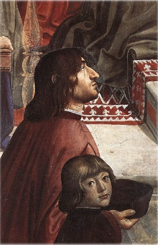 Angelo  Poliziano with a boy, ca. 1485, detail from "Confirmation of the Franciscan Rule" (Domenico Ghirlandaio) (1449-1494)   Capella Sassetti, Firenze 