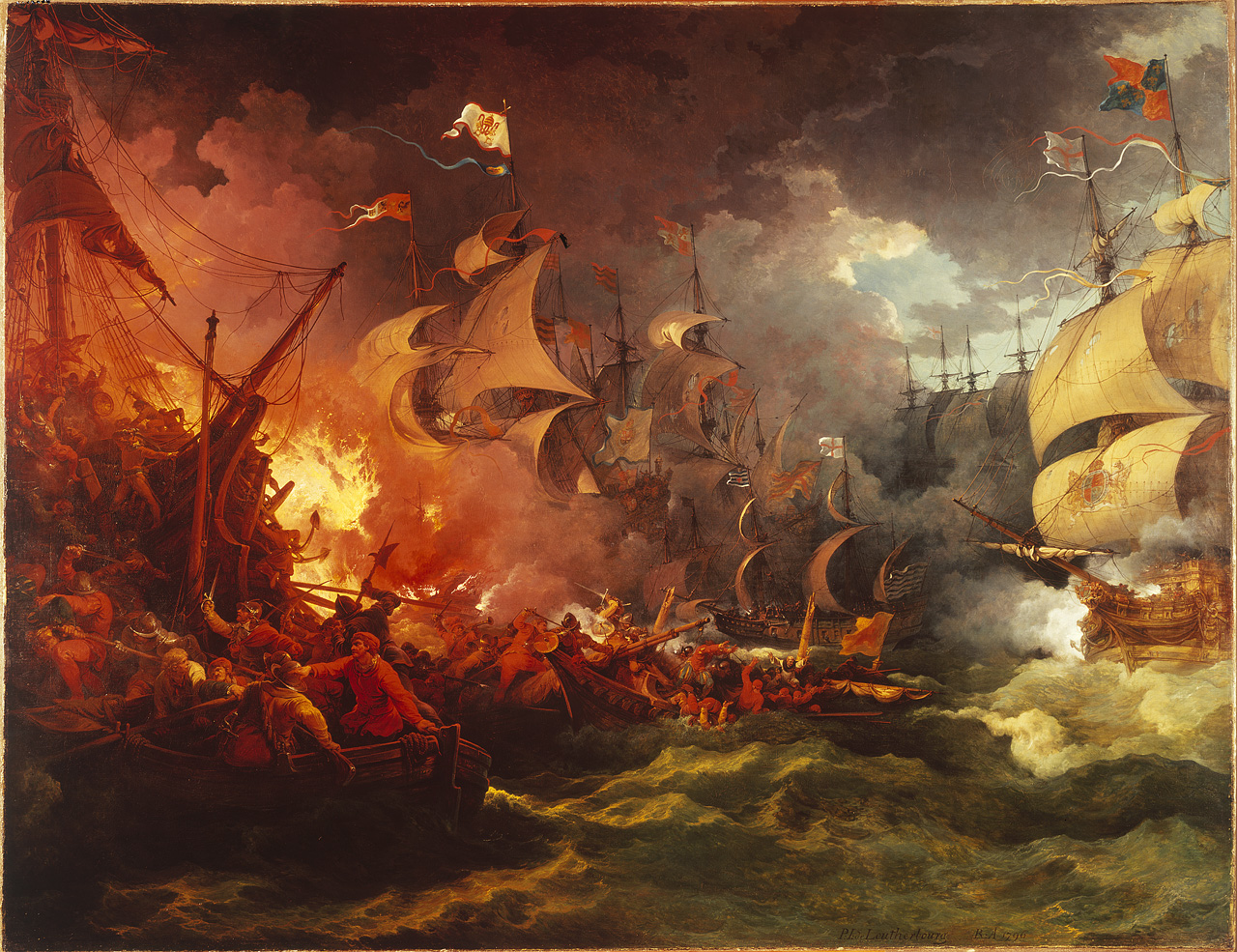 Battle of Gravelines - English defeat the Spanish Armada near Calais, August 8th, 1588, by 	Philippe-Jacques de Loutherbourg (1740-1812), painted in 1796, National Maritime Museum, Greenwich, London, Greenwich Hospital Collection, BHC0264.