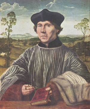 Stephan Gardiner ca. 1522 Quentin Matsys 1466-1530  Location TBD landscape outdoors trees book books glasses eyeglasses spectacles trees mountains hills tree fur cap clouds sky 