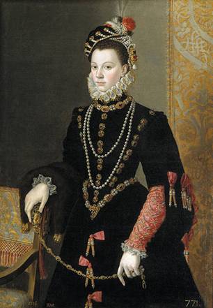 Elizabeth Valois at 14-17?, ca. 1561     (Juan Pantoja de la Cruz (1606 copy of Sofonisba Anguissola  original)   Museo del Prado, Madrid  P01030              
