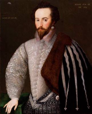 Sir Walter Raleigh at 35 years old, ca. 1588 (H Monogrammist)    National Portrait Gallery, London   7   