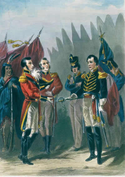 Brig. General William Hull surrenders Fort Detroit to the British, August 16th, 1812, by Augustus Robin (active mid 19th cent.), Library and Archives Canada, Acc. No. 1997-56-1.