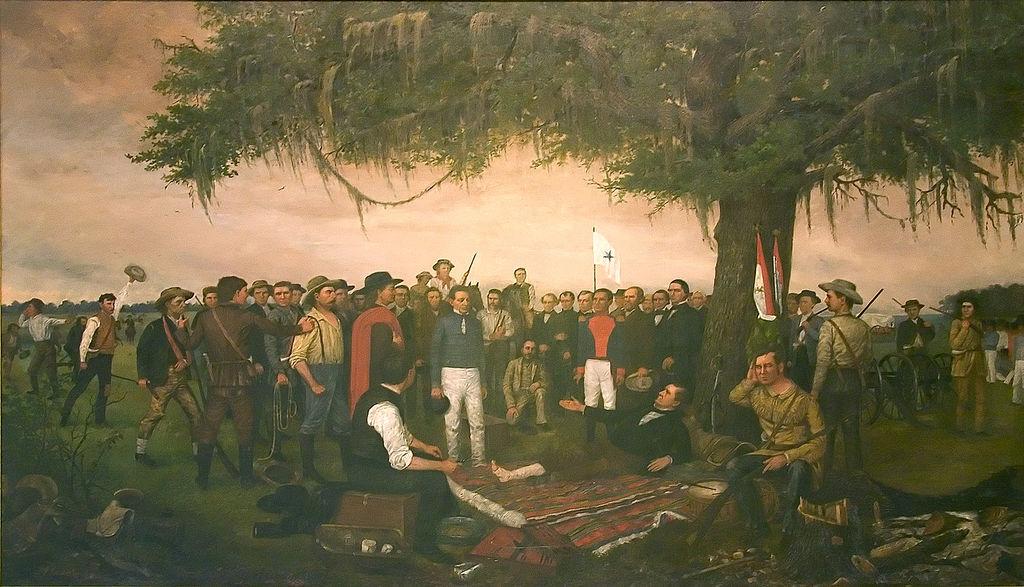 Surrender of Santa Anna to Sam Houston after Battle of San Jacinto, April 21st, 1836, by William Henry Huddle (1847-1892), painted in 1886, Location TBD .