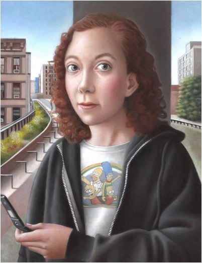 A Young Woman with Flip Phone ca 2017 by Amy Hill   ******ARTWORK AVAILABLE***  ****CLICK TO CONTACT GALLERY***   FRONT ROOM GALLERY NEW YORK CITY  