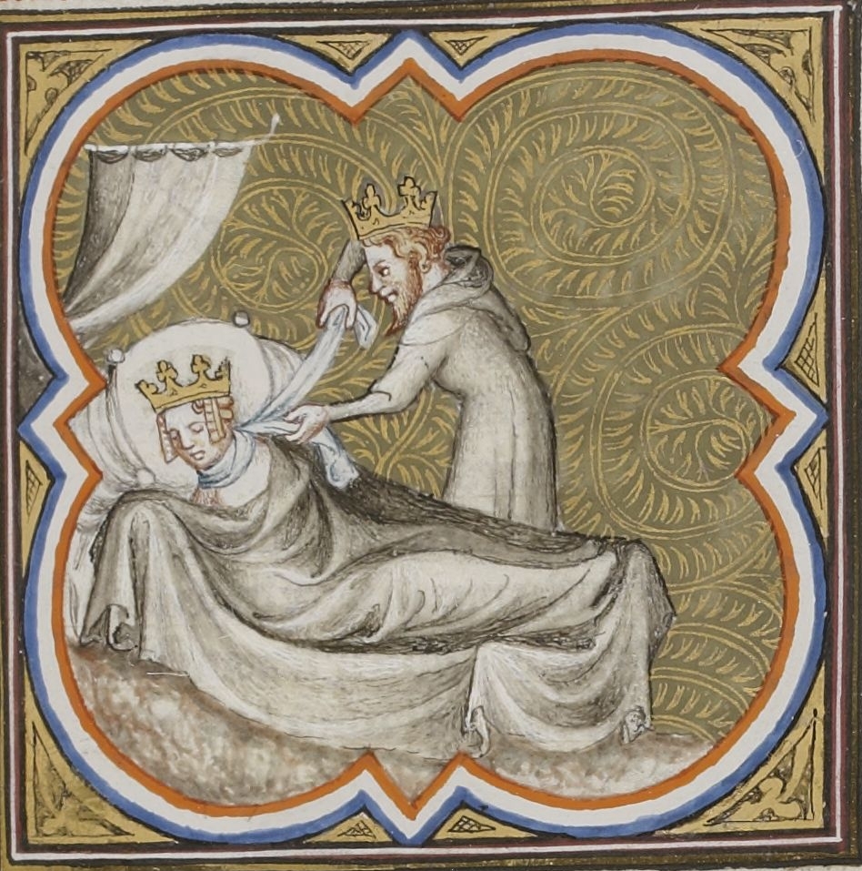Chilperic I strangles his wife  Galswinthe, sister of Brunhilda (both Visigoth Princesses), 573. From a manuscript of the Grandes Chroniques de France, Paris, BNF, Fr. 2813, fol. 31r.