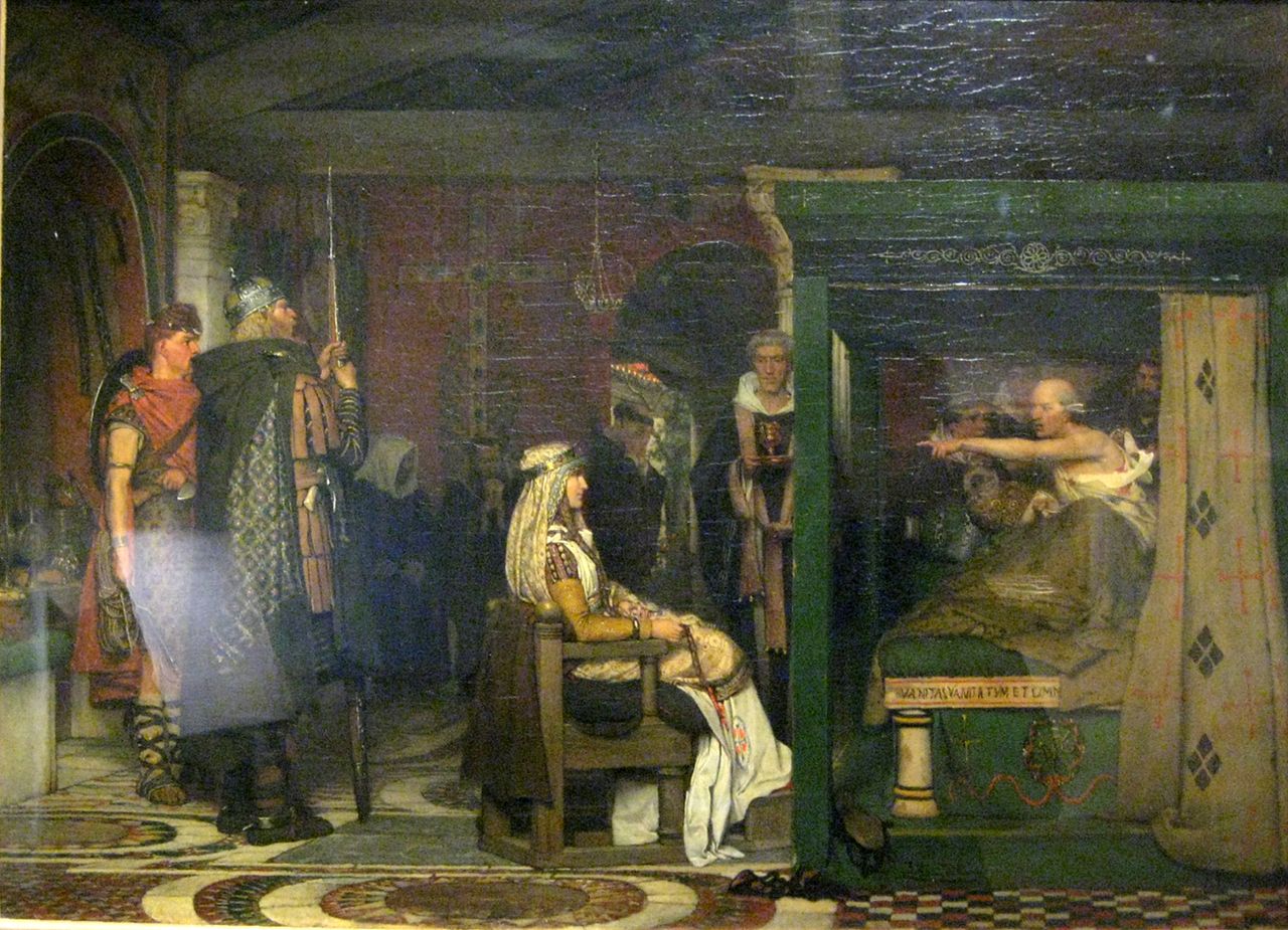 Fredegund is cursed by a dying Praetextatus, Bishop of Rouen  by Lawrence Alma Tadema