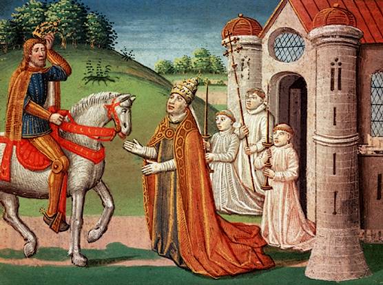 Charlemagne and Pope Adrian I meet in Rome, 772, by Antoine Vérard, painted in 1493.