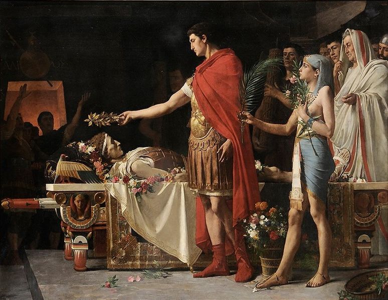 Augustus visits the tomb of Alexander the Great in Egypt, 30 BCE, painted 1878 by Lionel Royer (1852-1926) Private Collection