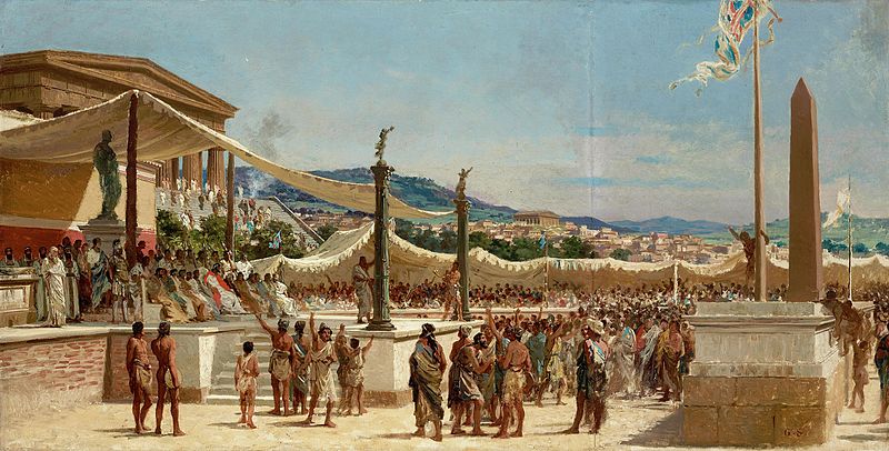 Titus Flaminius offers Greece freedom under Roman protection at the Isthmian Games, 196 BCE, painted ca. 1879 by Giuseppe Sciuti  (1834–1911) Private Collection