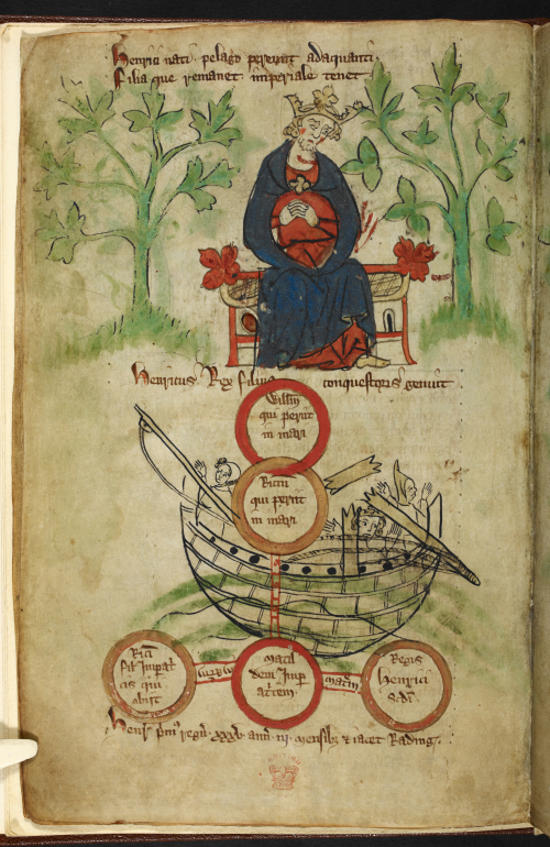 White Ship Disaster - William Adelin, only son and heir to Henry I King of England drowns along with 300 passengers (except a butcher) in English Channel, November 25, 1120, from the Chronicle of Peter of Langtoft, ca. 1300, Royal MS 20 A II, f. 6v