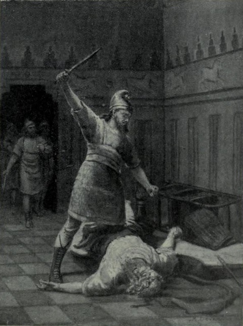 Murder of Tijulti-Ninurta I, King of the Middle Assyrian Empire, through a conspiracy of his sons, 1207 BCE (range=1207-1197 BCE) original painting from Hutchinson