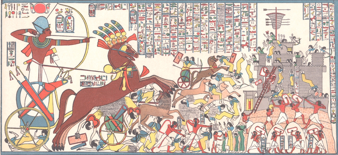 Siege of Darpur, Ramesses II (his tenth regnal year) and Egyptian Army, 18th Dynasty, German color lithograph from 1879 -  from original relief carving  - Temple at Thebes