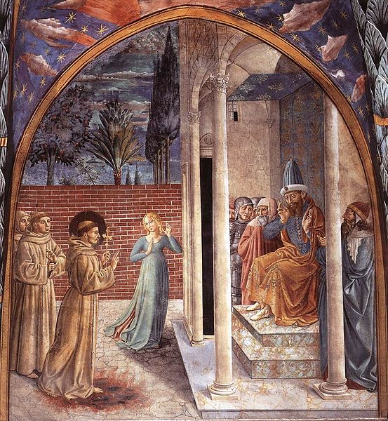 Francis of Assisi meets with al-Kamil, 4th Ayyubid sultan of Egypt during Fifth Crusade, 1219, ca. September-October, painted in 1452 by Benozzo Gozzoli (1420-1497) Museum Complex of San Francesco (Montefalco) Apsidal Chapel