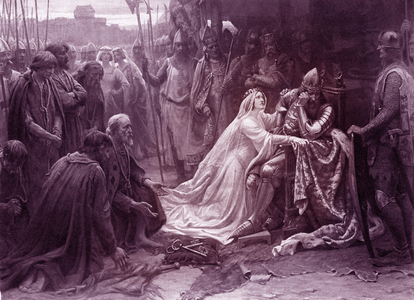 Philippa of Hainault intercedes with her husband on behalf of the burghers of Calais, recently fallen after long siege, 1347, painted by James Doyle Penrose (1862-1932) painting print from Cassell
