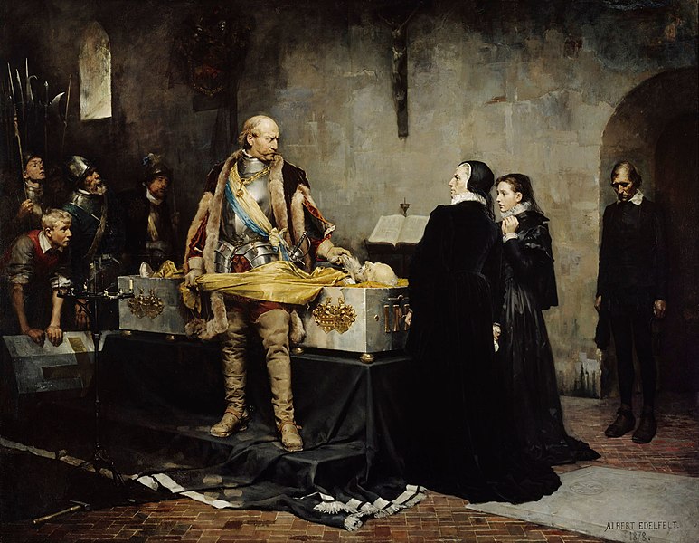 Duke Karl of Sudermania, future King Charles IX of Sweden, insulting the Corpse of his enemy Claude Flemming, Swedish general and statesman, 1597, painted in 1878 by Albert Edelfelt (1854-1905) Ataneum, Helsinki AI212