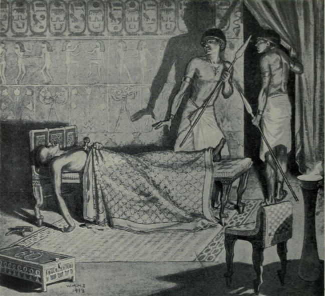 Murder of Amenemhat II, third Pharaoh of the 12th Dynasty, ca. 1877 BCE (range=1895-1843 BCE) painted in 1913 by Winifred Brunton, from Hutchinson