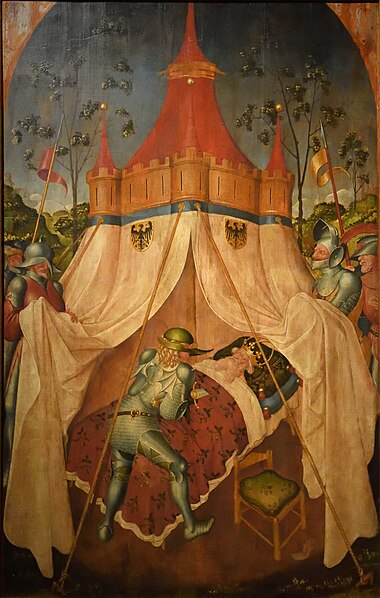 Murder of Philip the Arab, Roman Emperor in the wake of the rise of Decius near Verona, September 249, painted ca. 1430-1445 by Gabriel Angler,  Tegernsee Abbey, Bavaria.