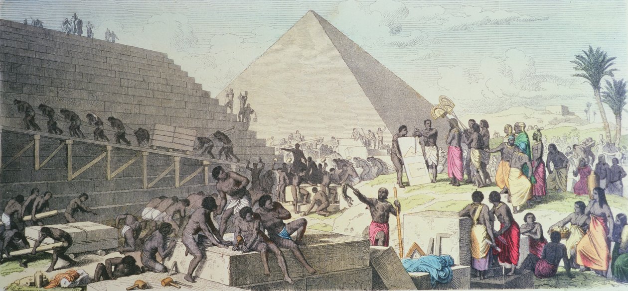 Construction of the Great Pyramids at Giza, ca. 2600 BCE, painted by Heinrich Leutemann (1824-1905) Location TBD