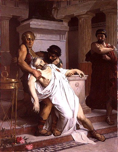 Death of Demosthenes, drank poison hidden in a pen reed, October 12, 322, painted in 1879 by Alfred-Henri Bramtot (1852-1894) Ecole Nationale Supérieure des Beaux-Arts, Paris
