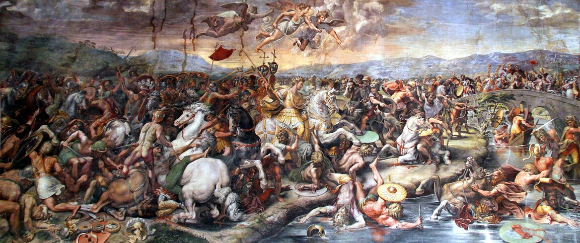 Battle of the Milvian Bridge, Constantine victorious - has vision of cross, October 28, 312, painted by Giulio Romano (1499-1546) Apostolic Palace, Vatican City, Rome