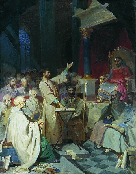 The First Ecumenical Council of Nicaea, May-July 325 C.E., painted 1876-77 by Vasily Surikov (1848-1916) Tretyakov Gallery, Moscow