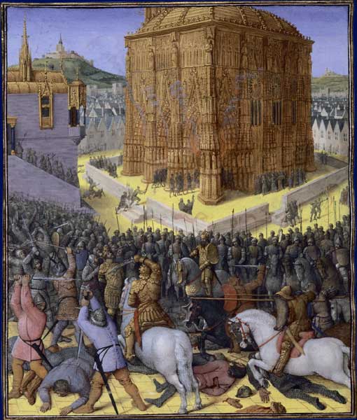 Capture of Jerusalem by Nebuchadnezzar, Neo-Babylonian King, Destruction of the Temple, 586, painted in 1470  by Jean Fouquet, Antiquités judaïques 
Bibliothèque nationale de France, Fr.247, f.213v.
