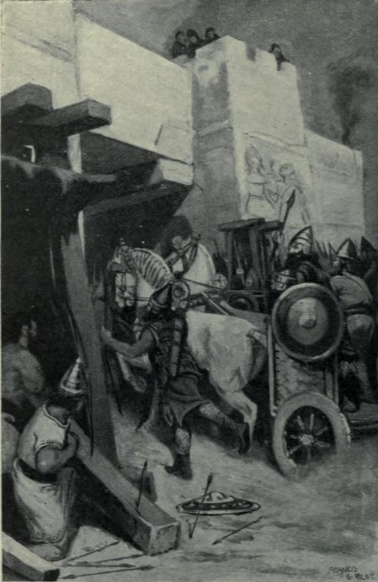 Sargon II, King of the Neo-Assyrian Empire, captures Carchemish, after revolt of Pisiri of House of Astiruwa, 717 BCE, original painting for Hutchinson
